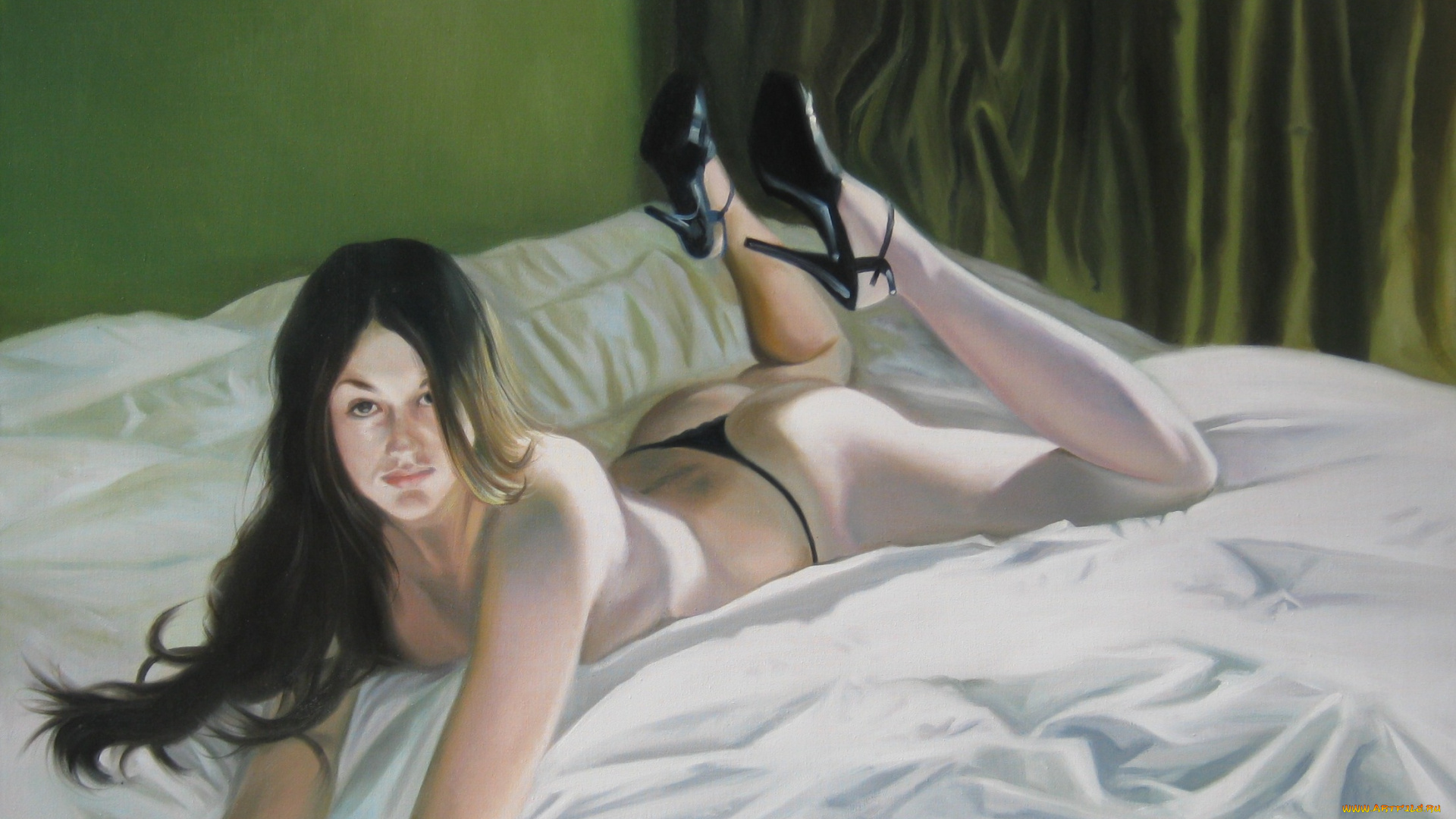 рисованное, люди, фон, взгляд, кровать, девушка