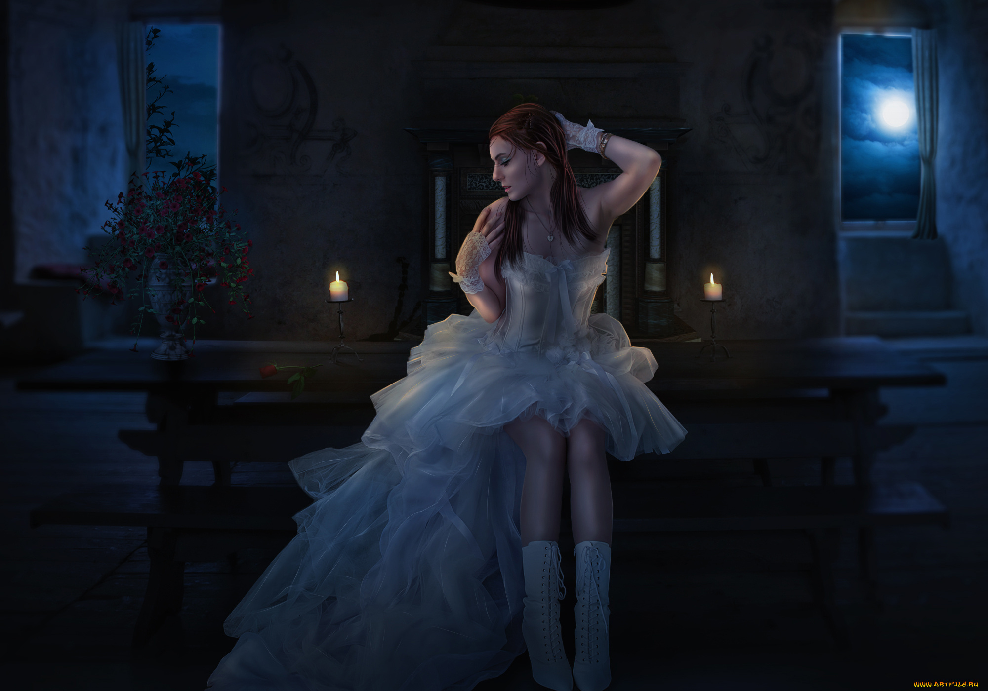 фэнтези, девушки, свеча, невеста, платье, фон, девушка