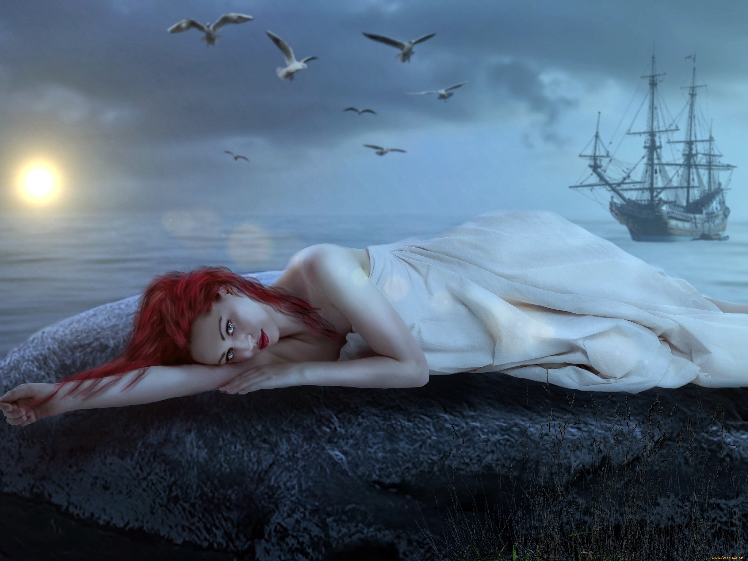 фэнтези, девушки, корабль, взгляд, фон, девушка