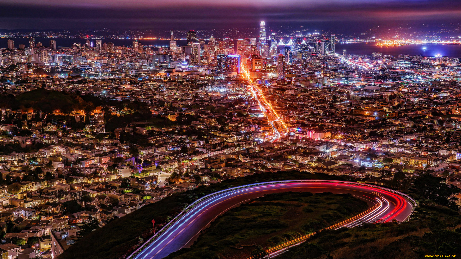города, сан-франциско, , сша, ночь, огни, панорама