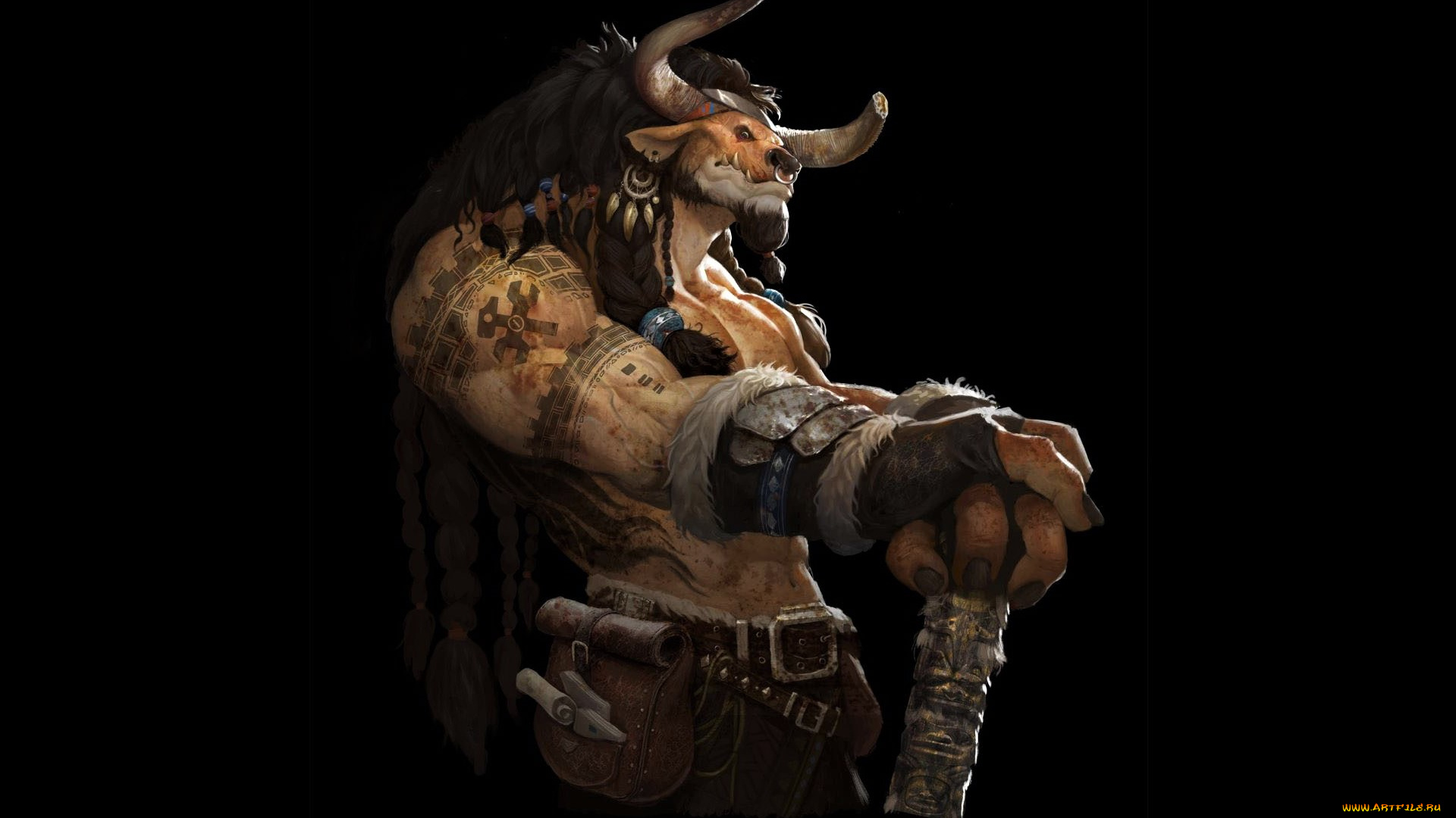 фэнтези, существа, воин, рога, оружие