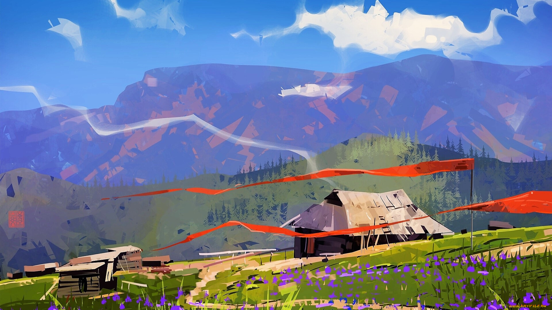 рисованное, природа, дома, флаги, горы, тропа, луга