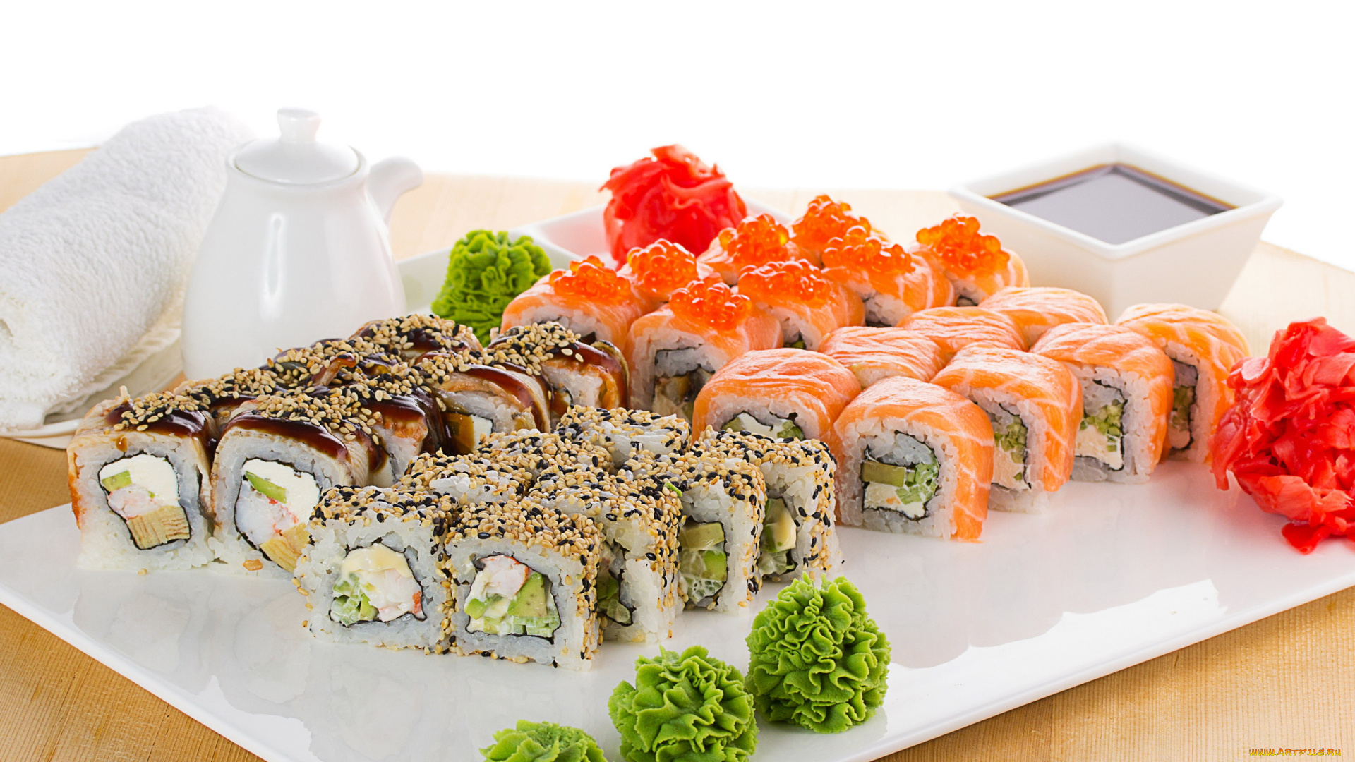 еда, рыба, , морепродукты, , суши, , роллы, японская, кухня, суши, роллы, икра, имбирь, васаби