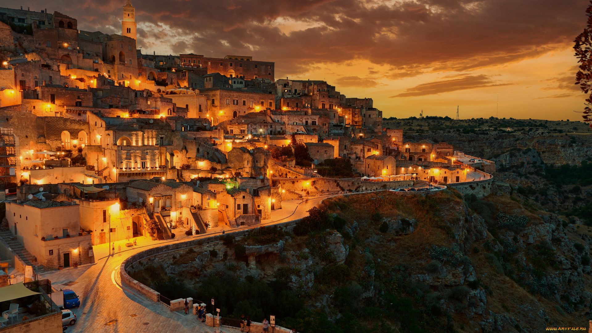 города, -, огни, ночного, города, италия, горы, дома, matera, вeчeр, пoдcтвeтка