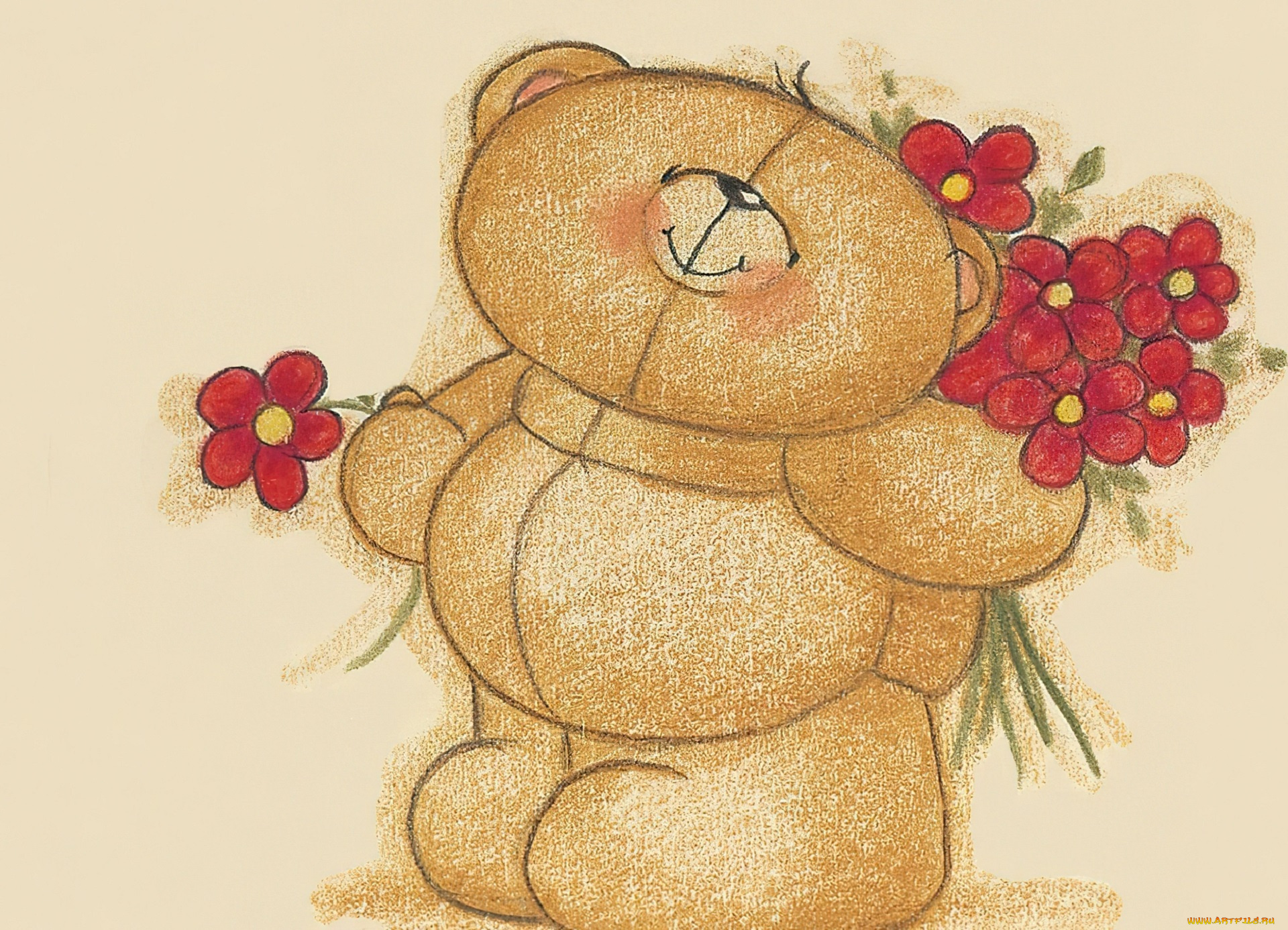 рисованное, мишки, тэдди, мишка, цветы