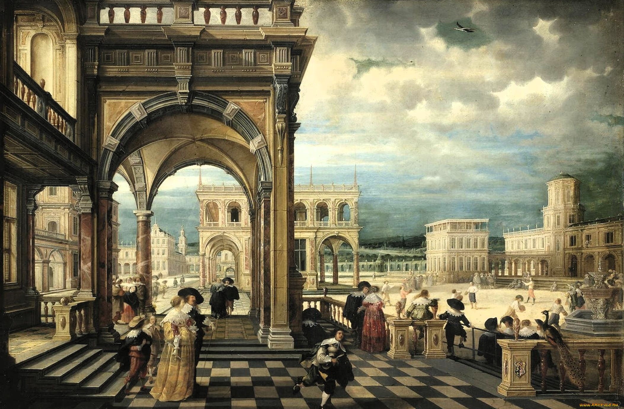 рисованное, живопись, люди, архитектура