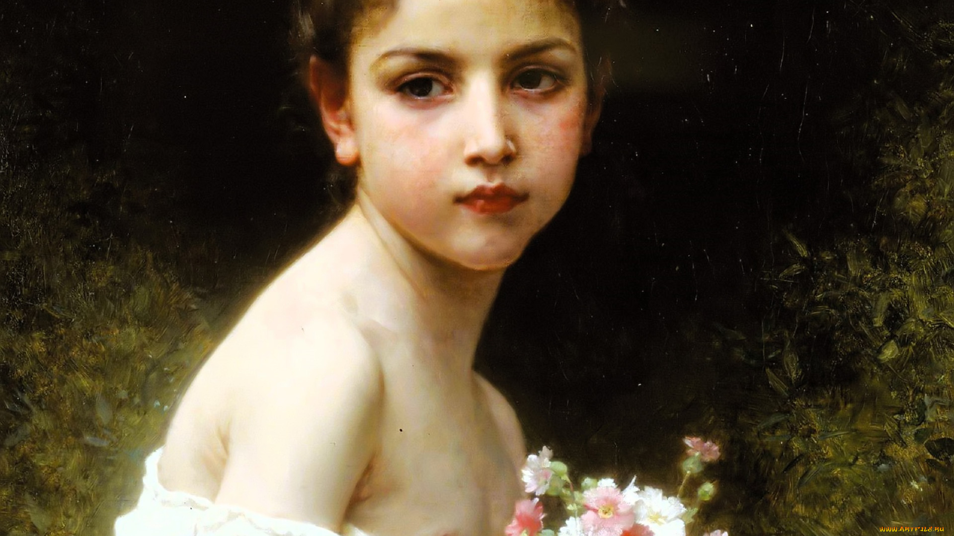 adolphe-william, bouguereau, рисованное, девочка, цветы, букет