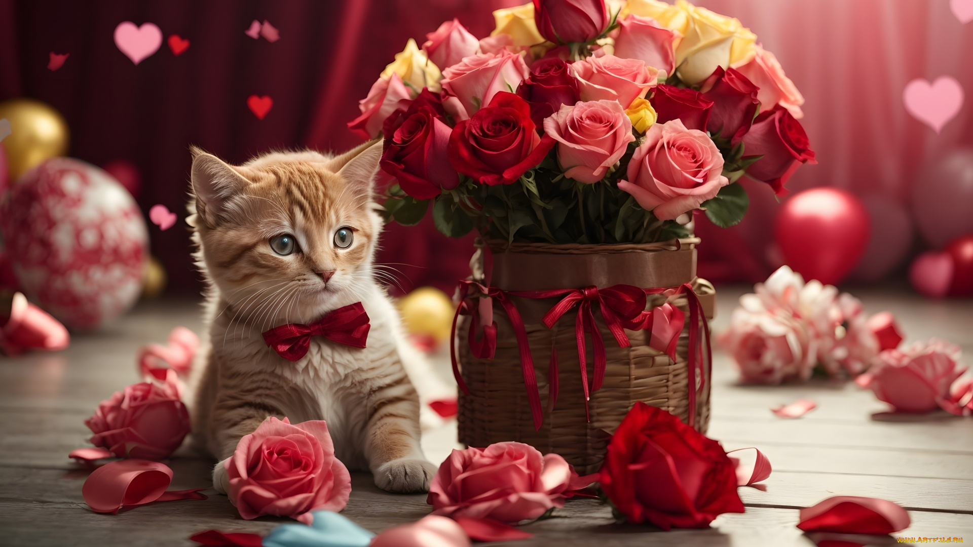 праздничные, день, святого, валентина, , сердечки, , любовь, розы, сердечки, котенок, бант