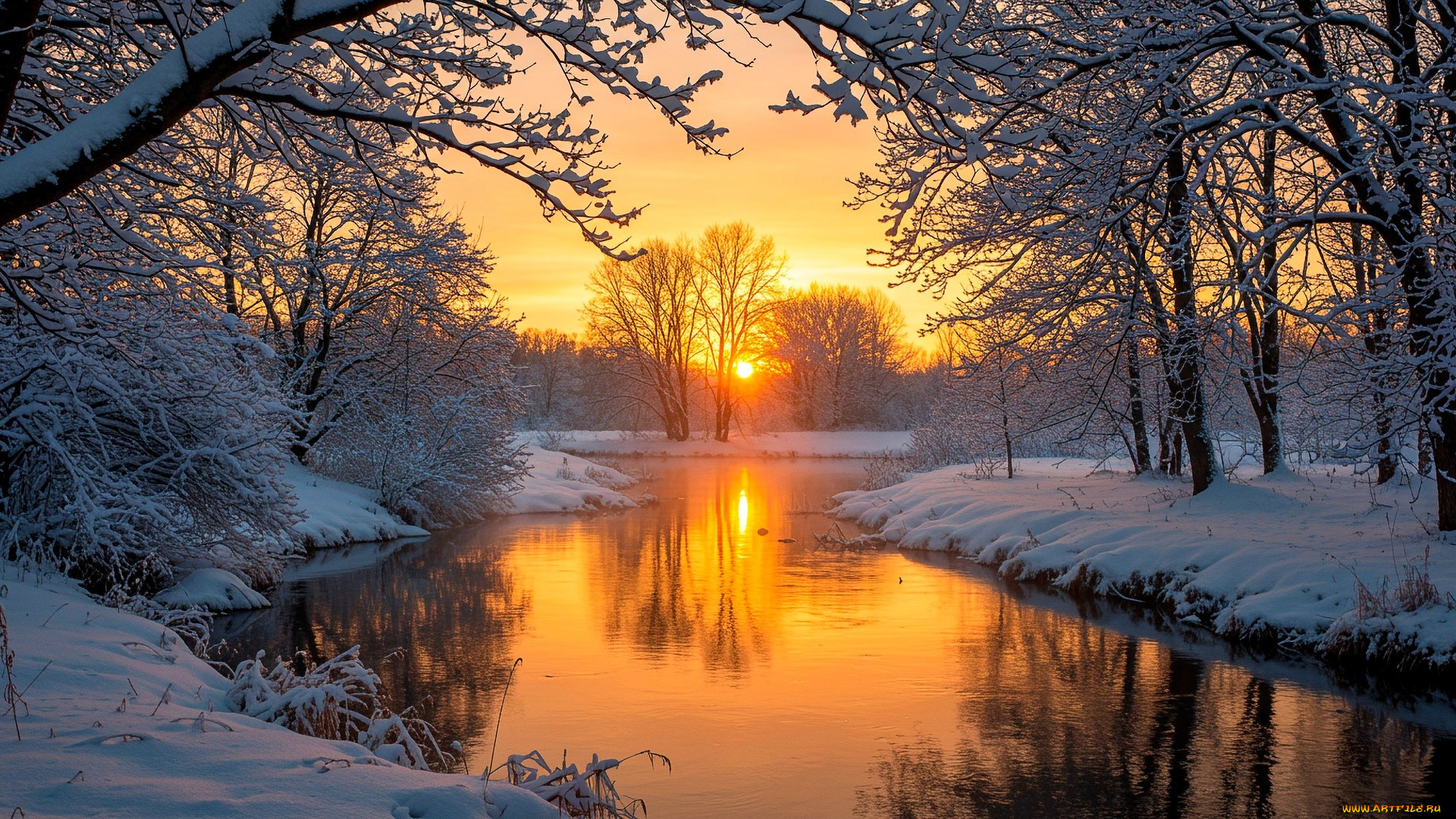 природа, реки, озера, зима, снег, деревья, лес, река, закат