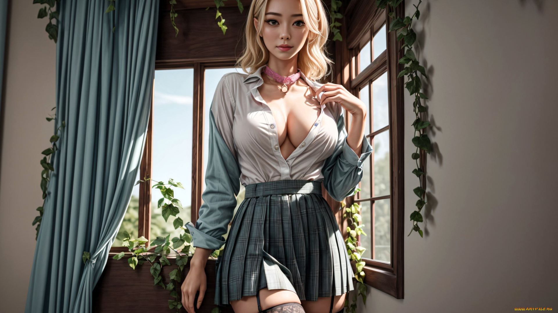 рисованное, люди, блондинка, рубашка, юбка, чулки, окна