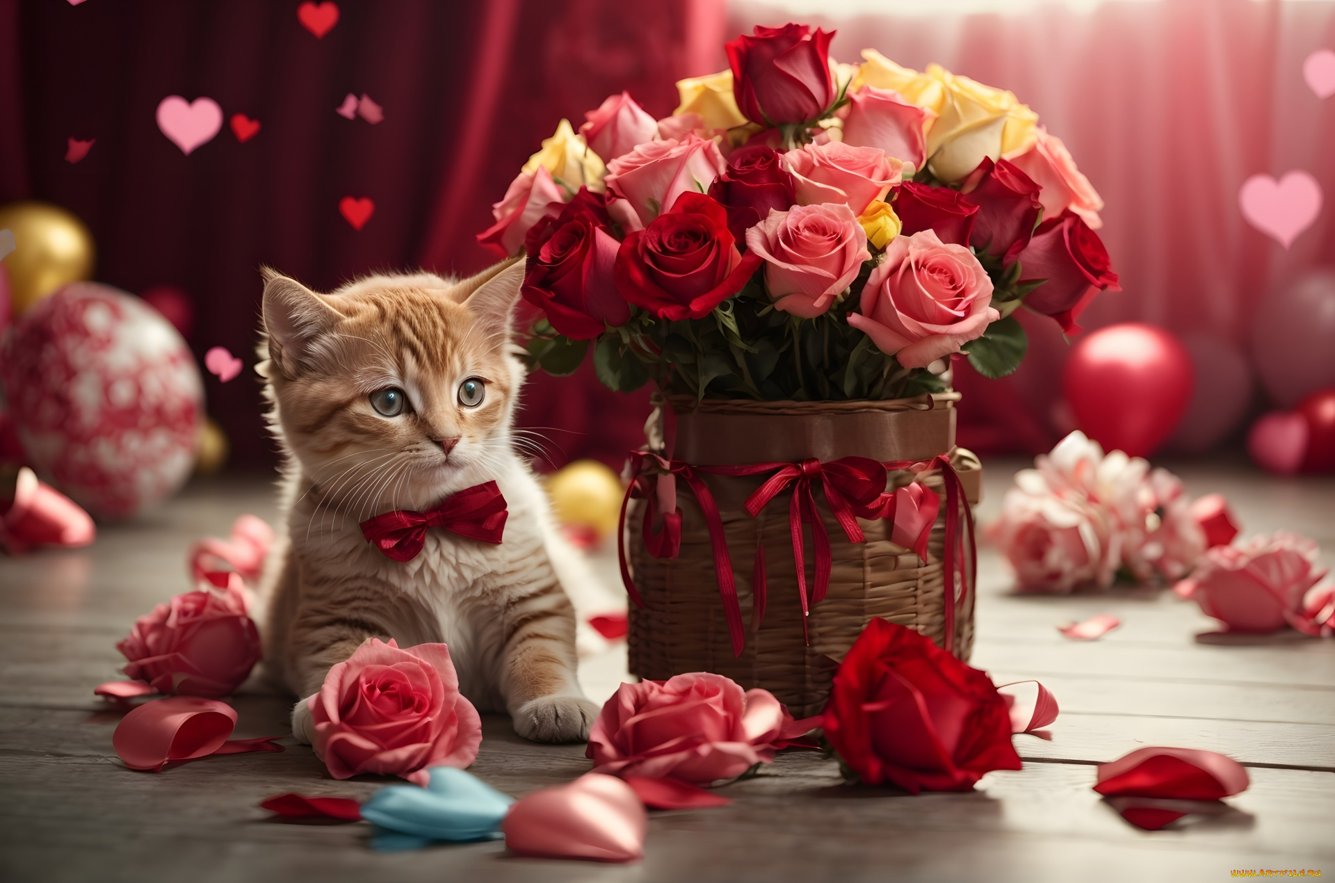 праздничные, день, святого, валентина, , сердечки, , любовь, розы, сердечки, котенок, бант
