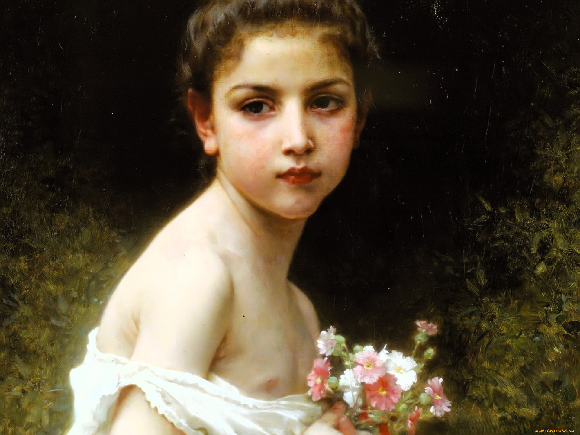 adolphe-william, bouguereau, рисованное, девочка, цветы, букет