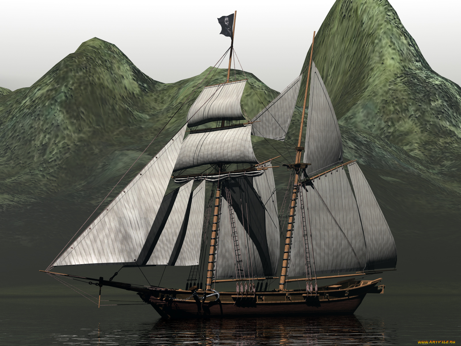 3д, графика, sea, undersea, море, горы, парусник, вода