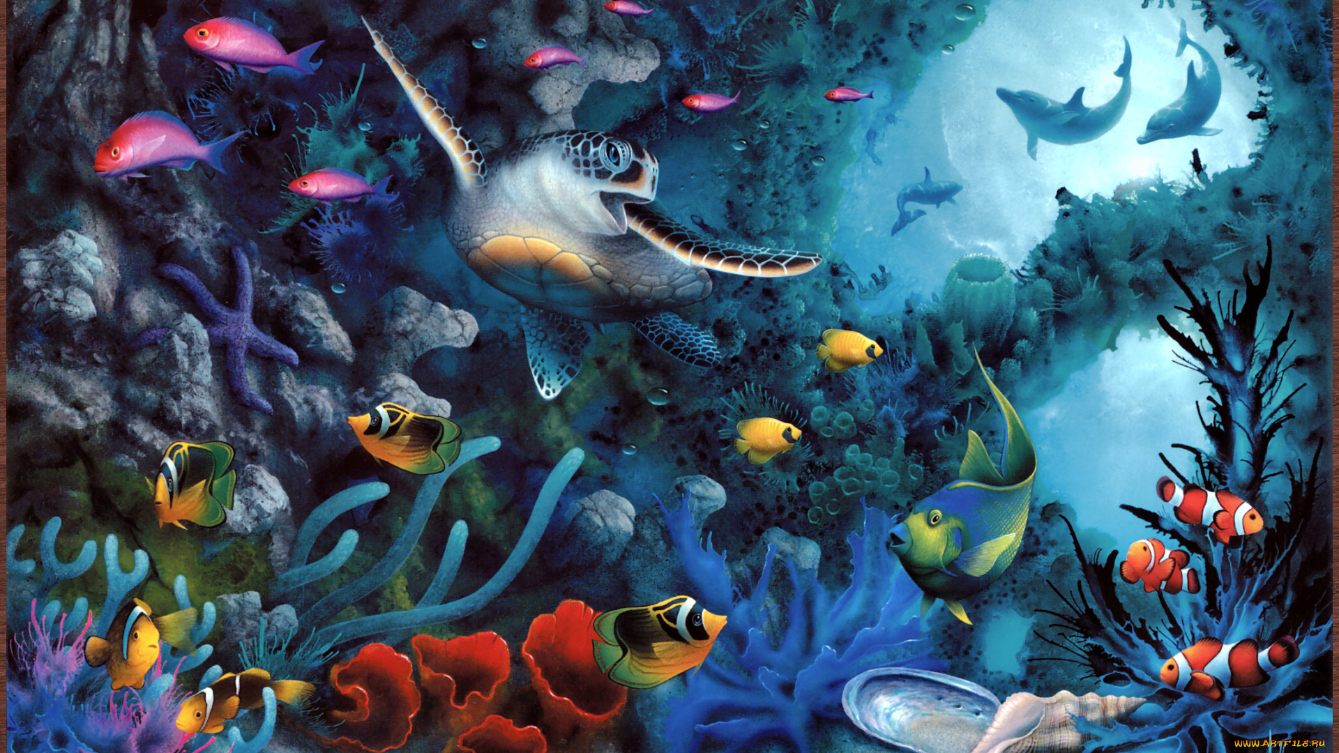 david, miller, jewels, of, the, sea, рисованные, рыбы, дельфины, черепаха, морское, дно, арт