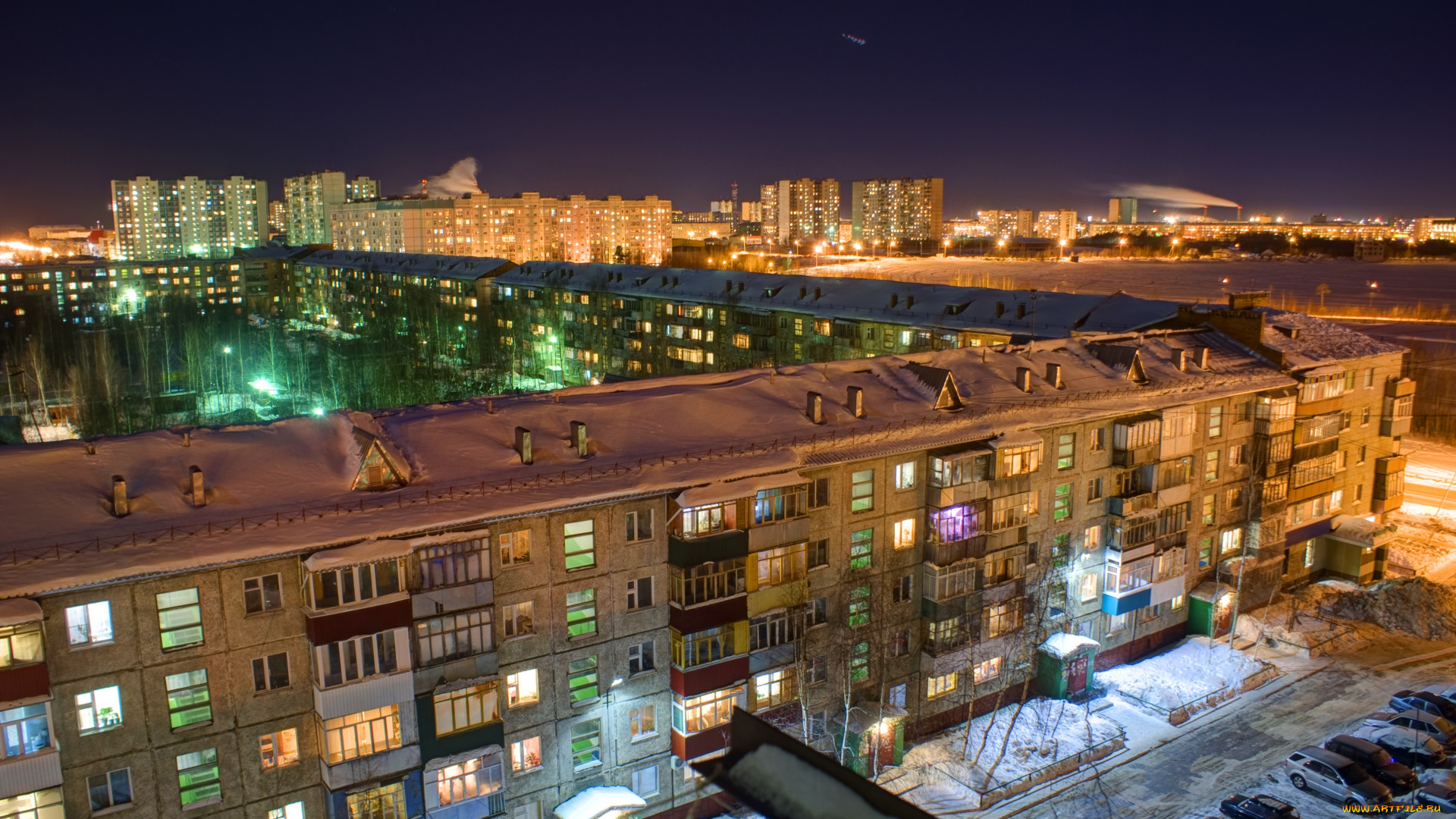 города, огни, ночного, нижневартовск, хрущёвка, двор