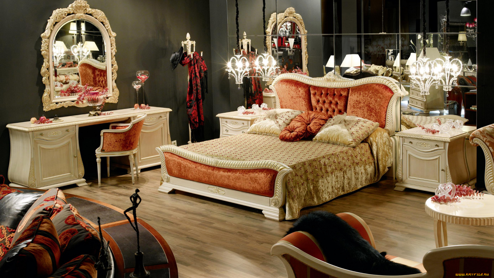 интерьер, спальня, зеркало, кровать