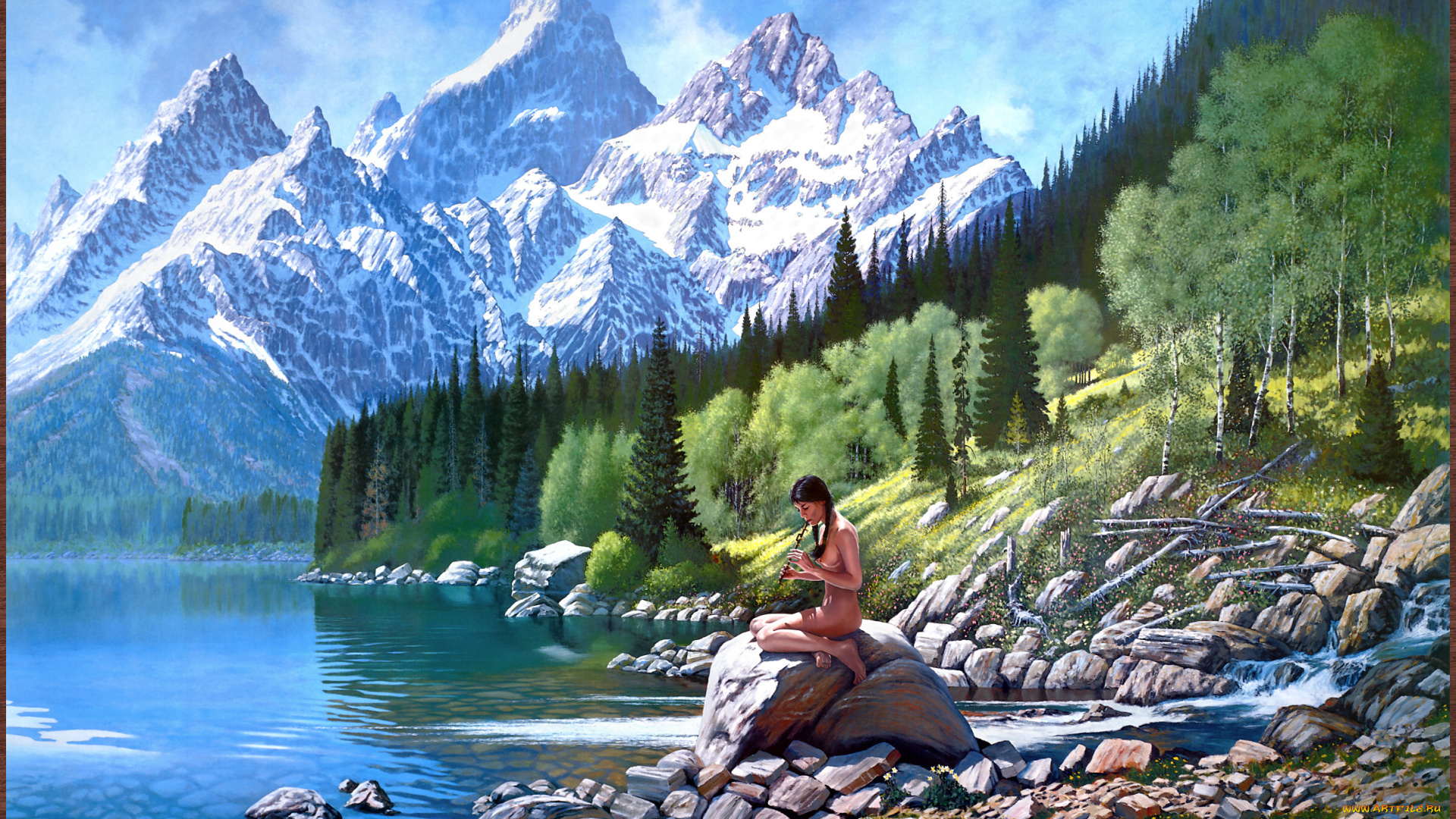 roy, kerswill, sound, of, music, рисованные, лес, горы, девушка, река, пейзаж, арт, деревья