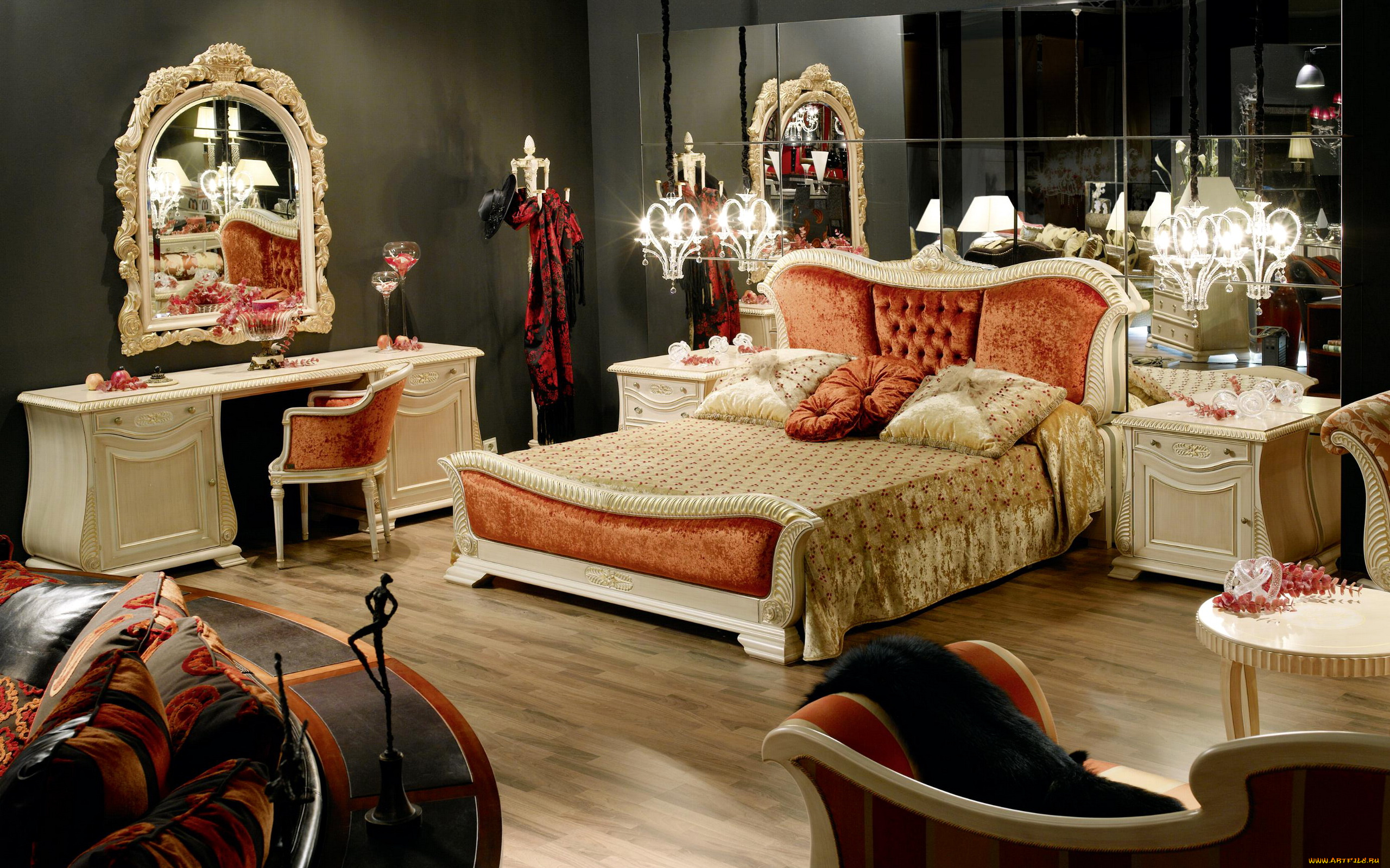 интерьер, спальня, зеркало, кровать