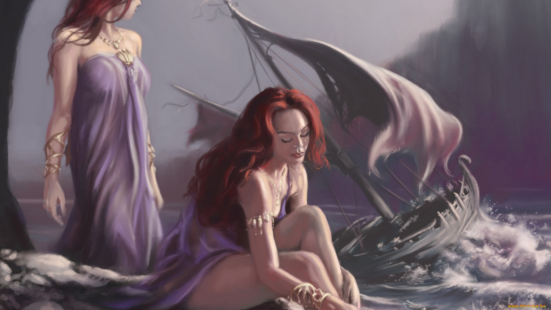 фэнтези, девушки, море, шторм, лодка, парус, череп