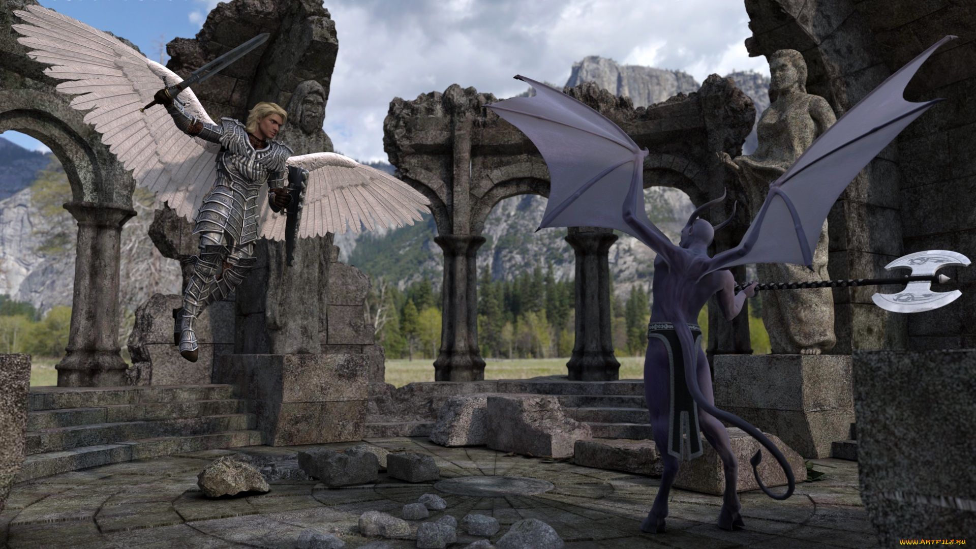 3д, графика, angel, , ангел, сражение, руины, демон