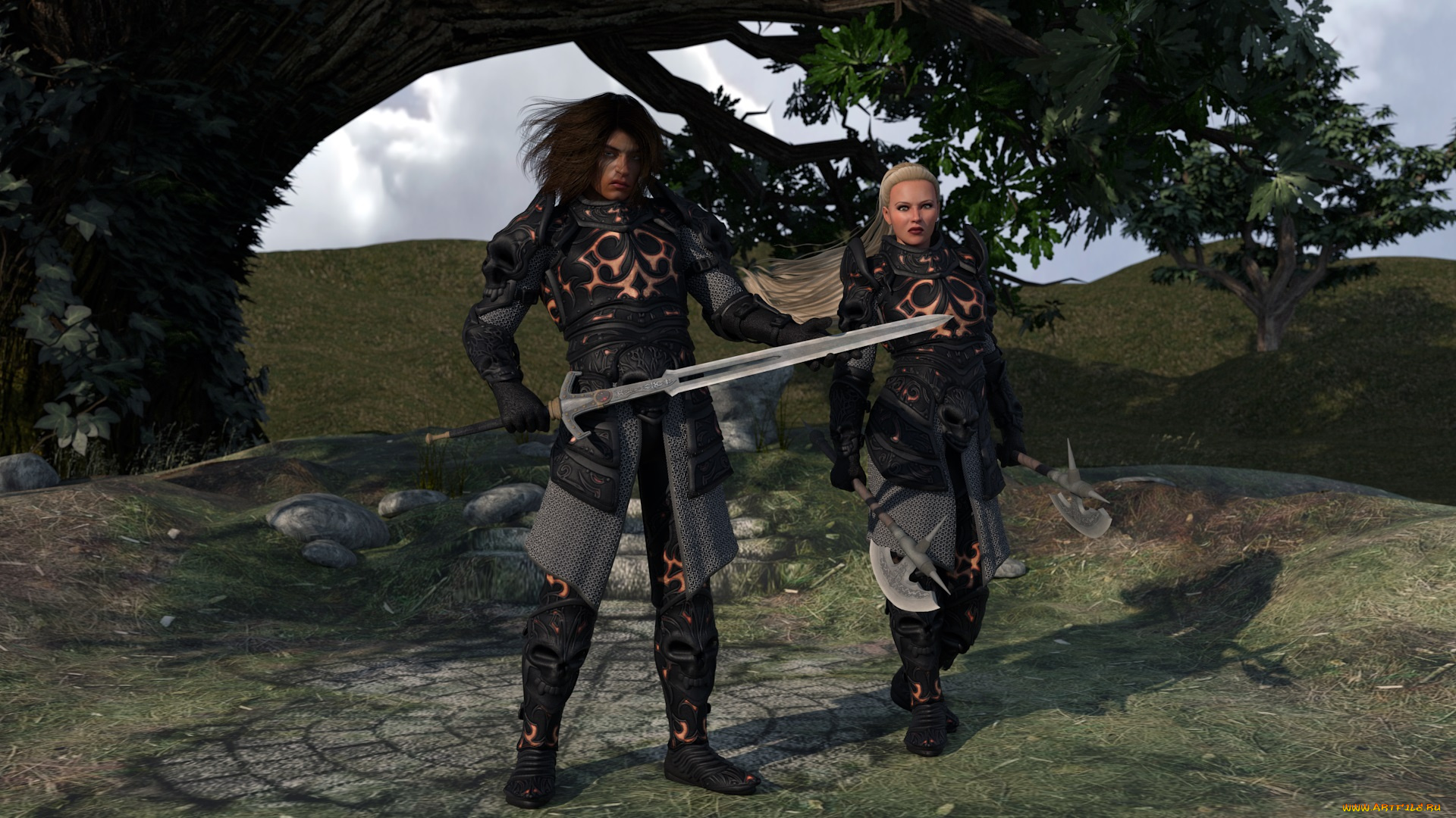 3д, графика, fantasy, , фантазия, девушка, мужчина, оружие