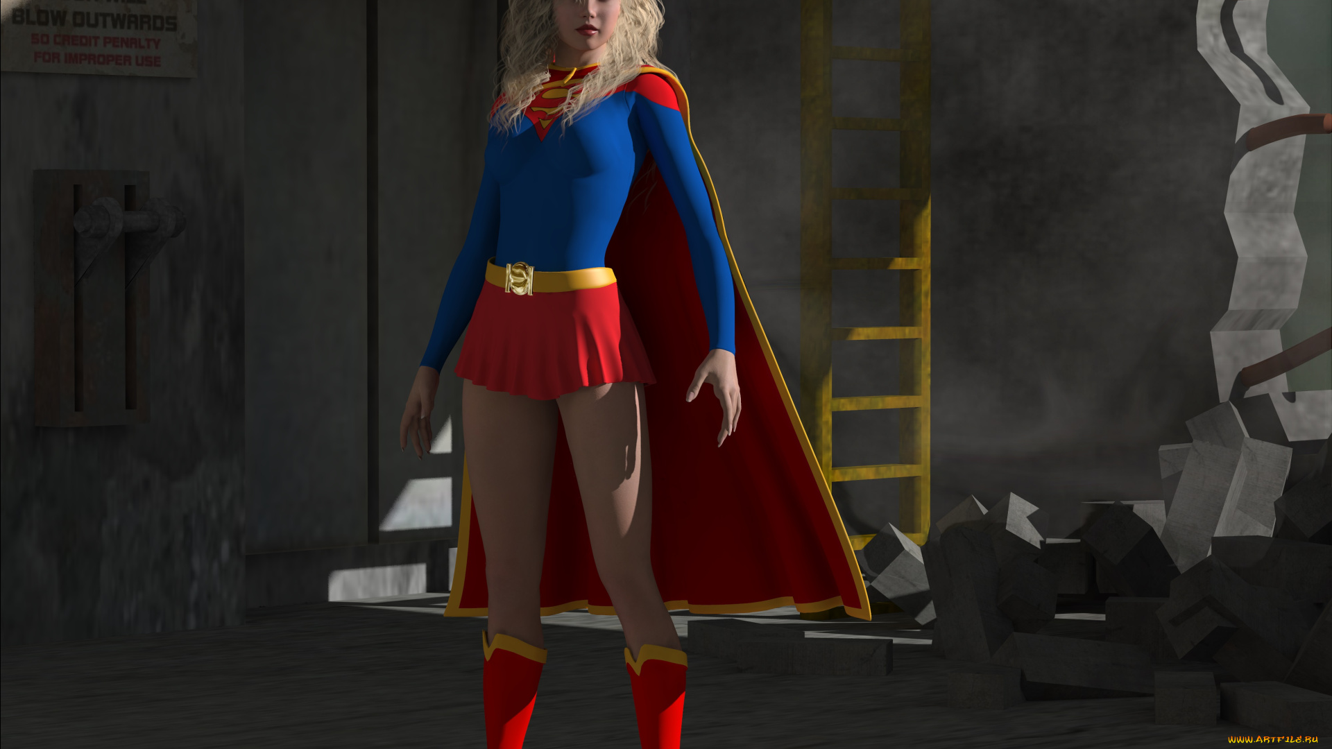 3д, графика, fantasy, , фантазия, девушка, плащ, супермен, взгляд