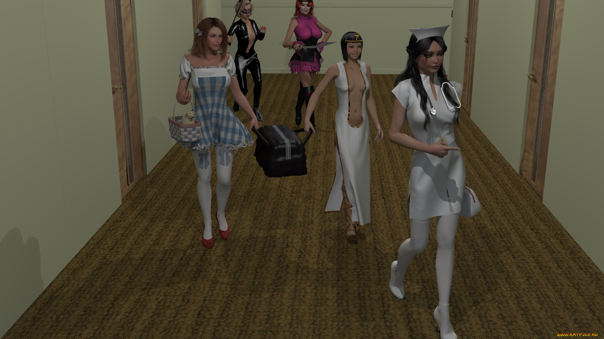 3д, графика, fantasy, , фантазия, девушки, коридор