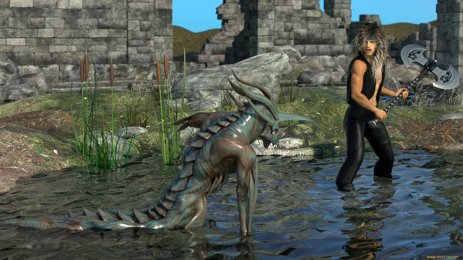 3д, графика, fantasy, , фантазия, руины, вода, существо, оружие, мужчина