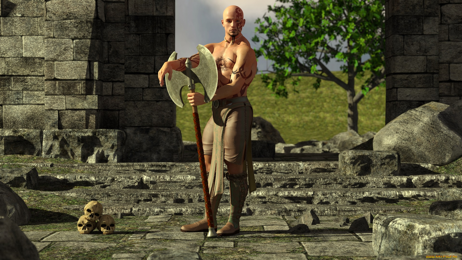 3д, графика, fantasy, , фантазия, воин, черепа, оружие