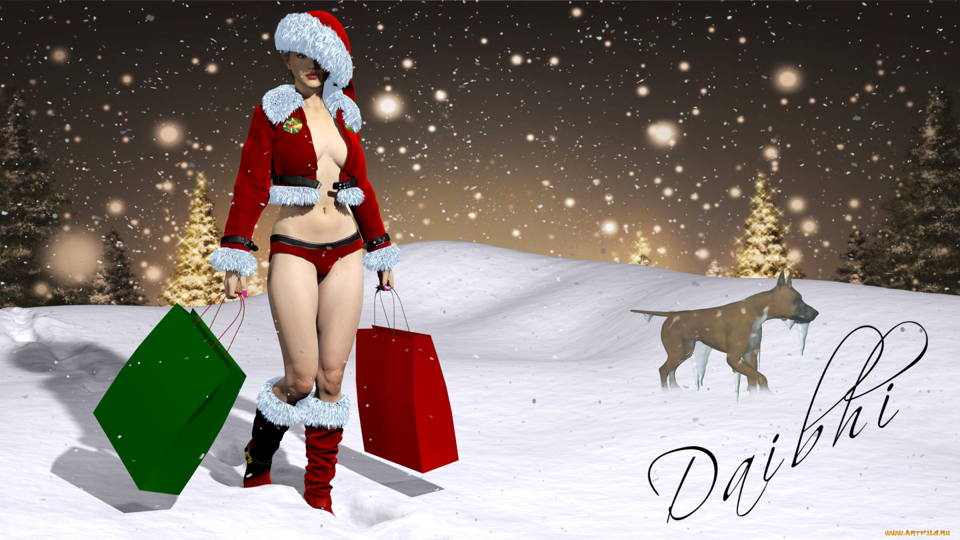 3д, графика, holidays, , праздники, подарки, собака, снег