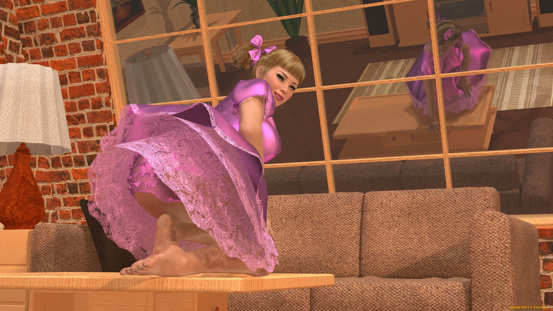 3д, графика, people, , люди, девушка, диван, стол, взгляд, улыбка