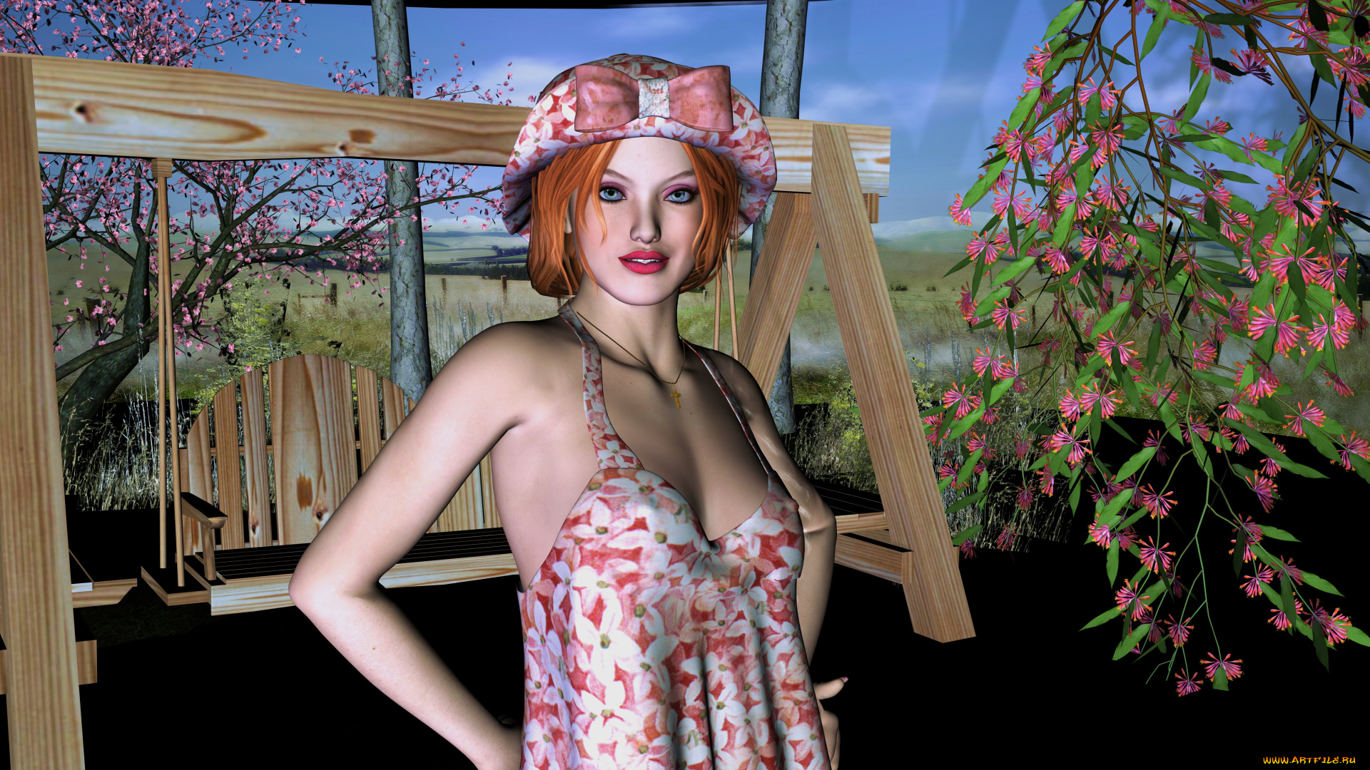 3д, графика, people, , люди, девушка, сакура, рыжая, взгляд