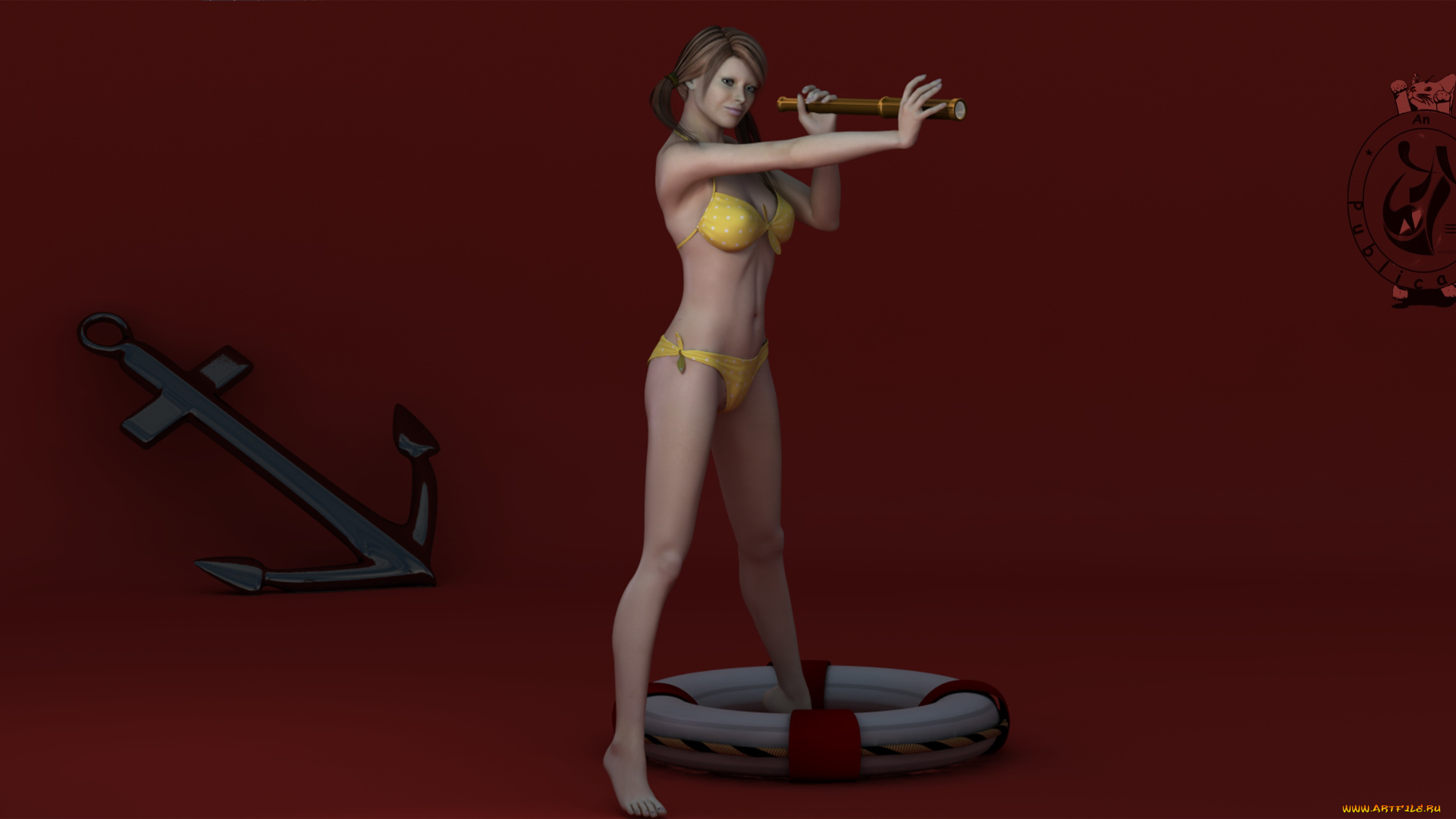 3д, графика, people, , люди, девушка, якорь, подзорная, труба