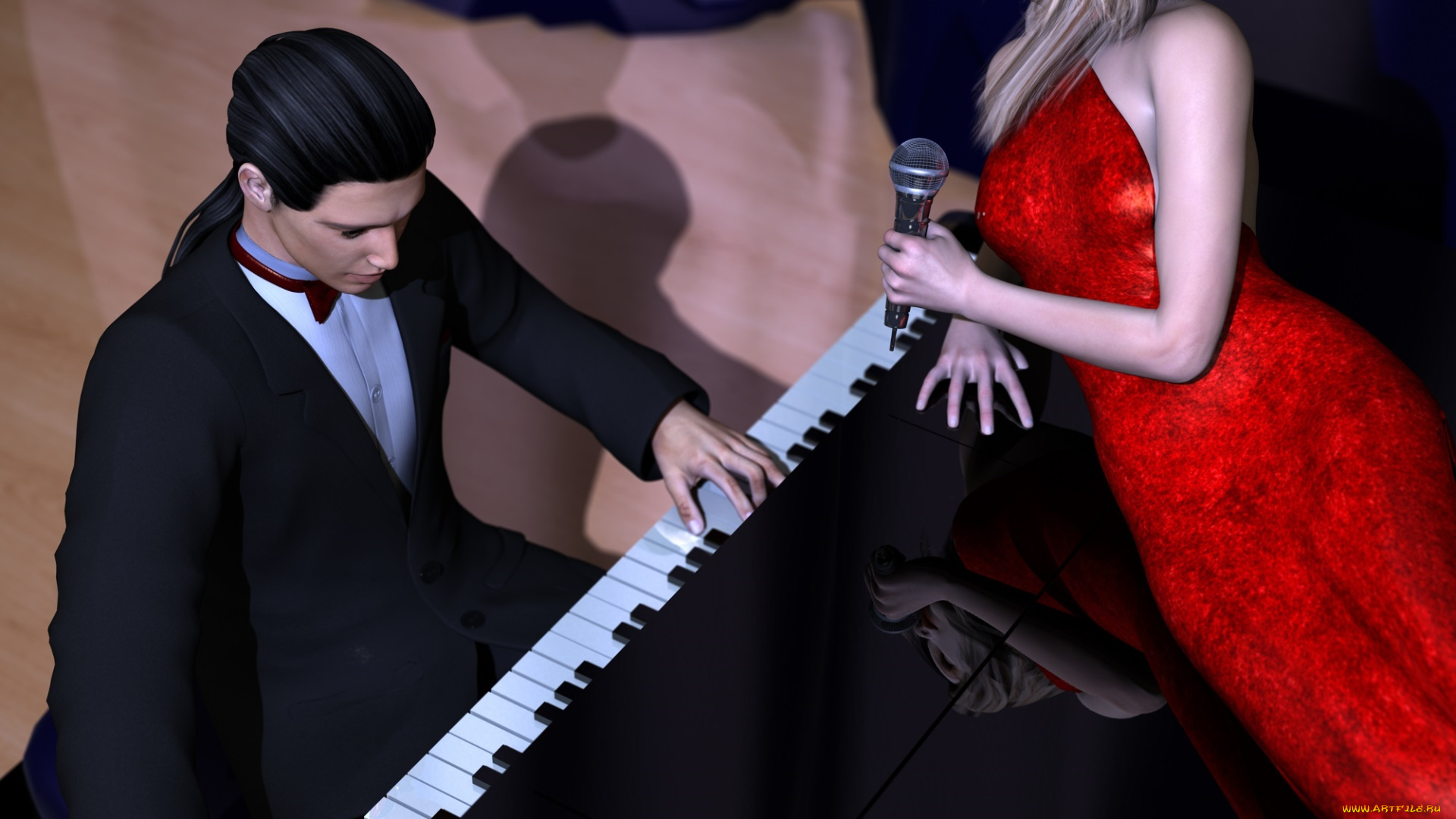 3д, графика, people, , люди, микрофон, пианино, парень, девушка