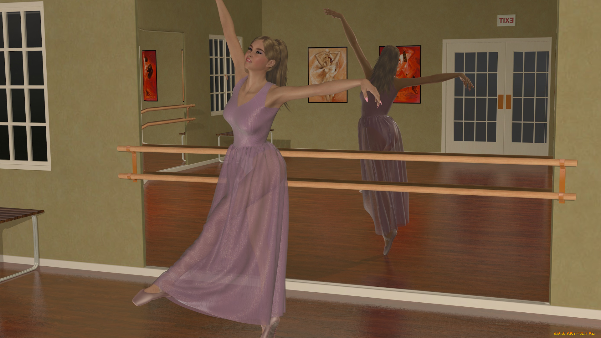 3д, графика, people, , люди, зеркало, зал, балерина, девушка