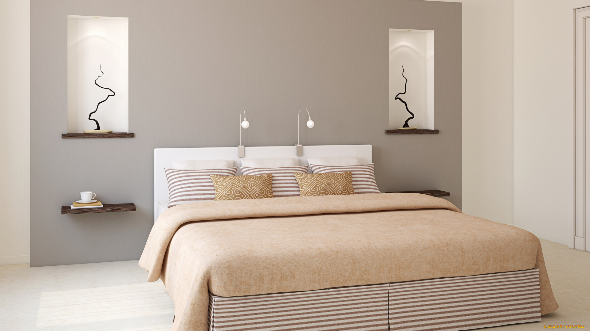 3д, графика, realism, , реализм, светильники, спальня, тумбочки, кровать