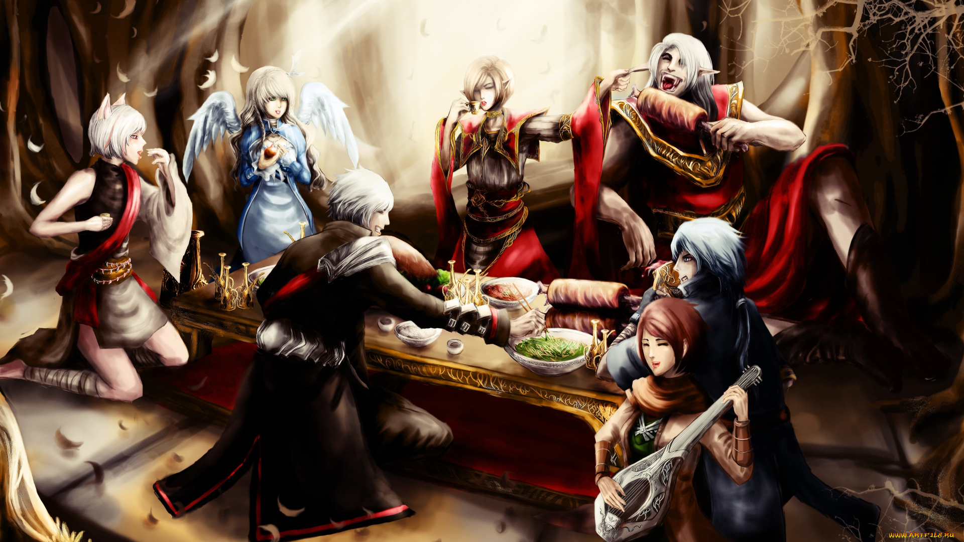 фэнтези, эльфы, ангелы, угощения, стол, вампиры
