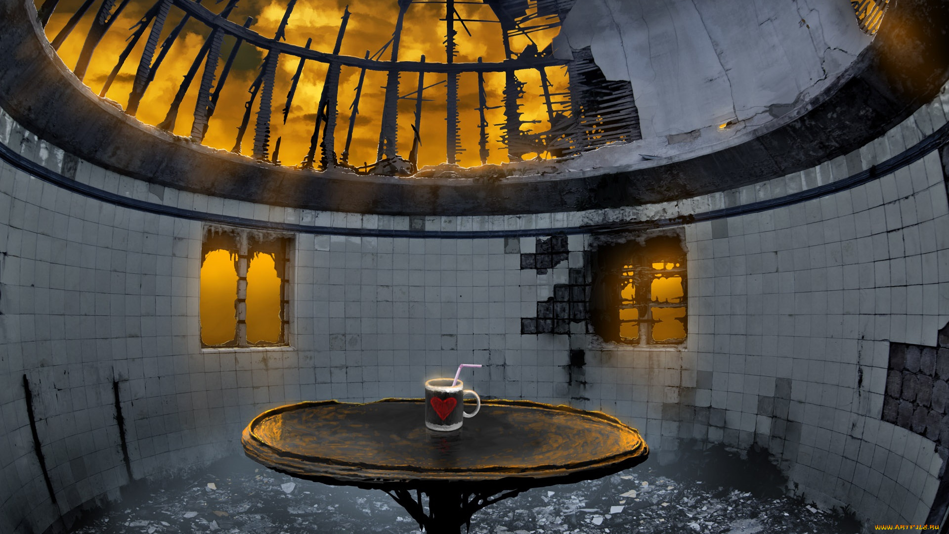фэнтези, иные, миры, , иные, времена, небо, облака, осколки, стол, комната, окна, развалины, чашка, трубочка, сердечко