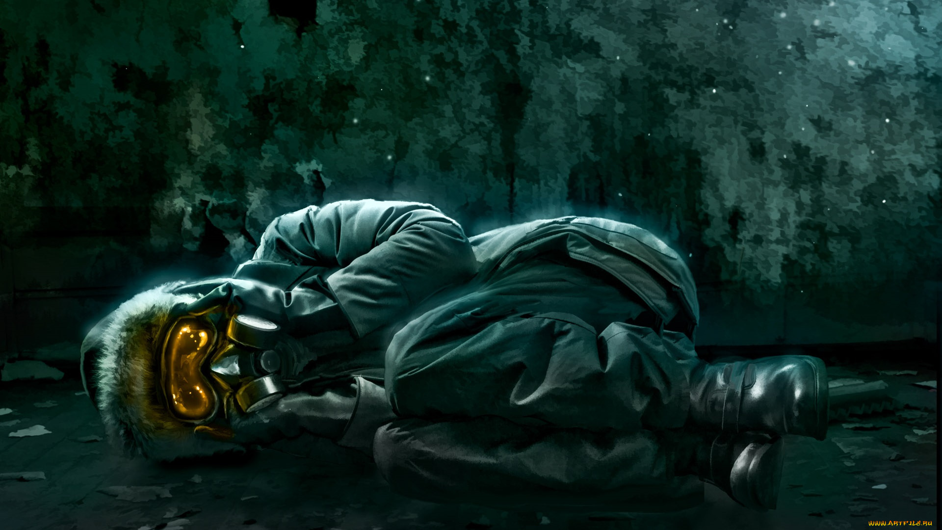 фэнтези, люди, человек, капюшон, один, противогаз, жёлтые, снежинки, серость