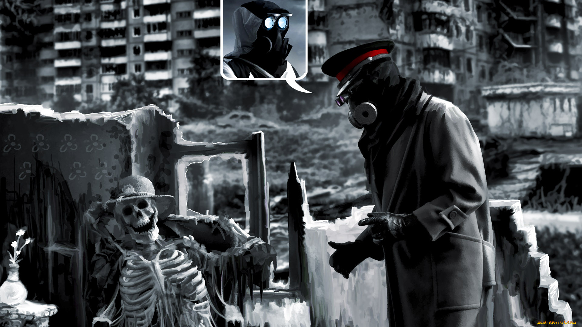 фэнтези, люди, человек, противогаз, плащ, воспоминания, развалины, шляпка, скелет