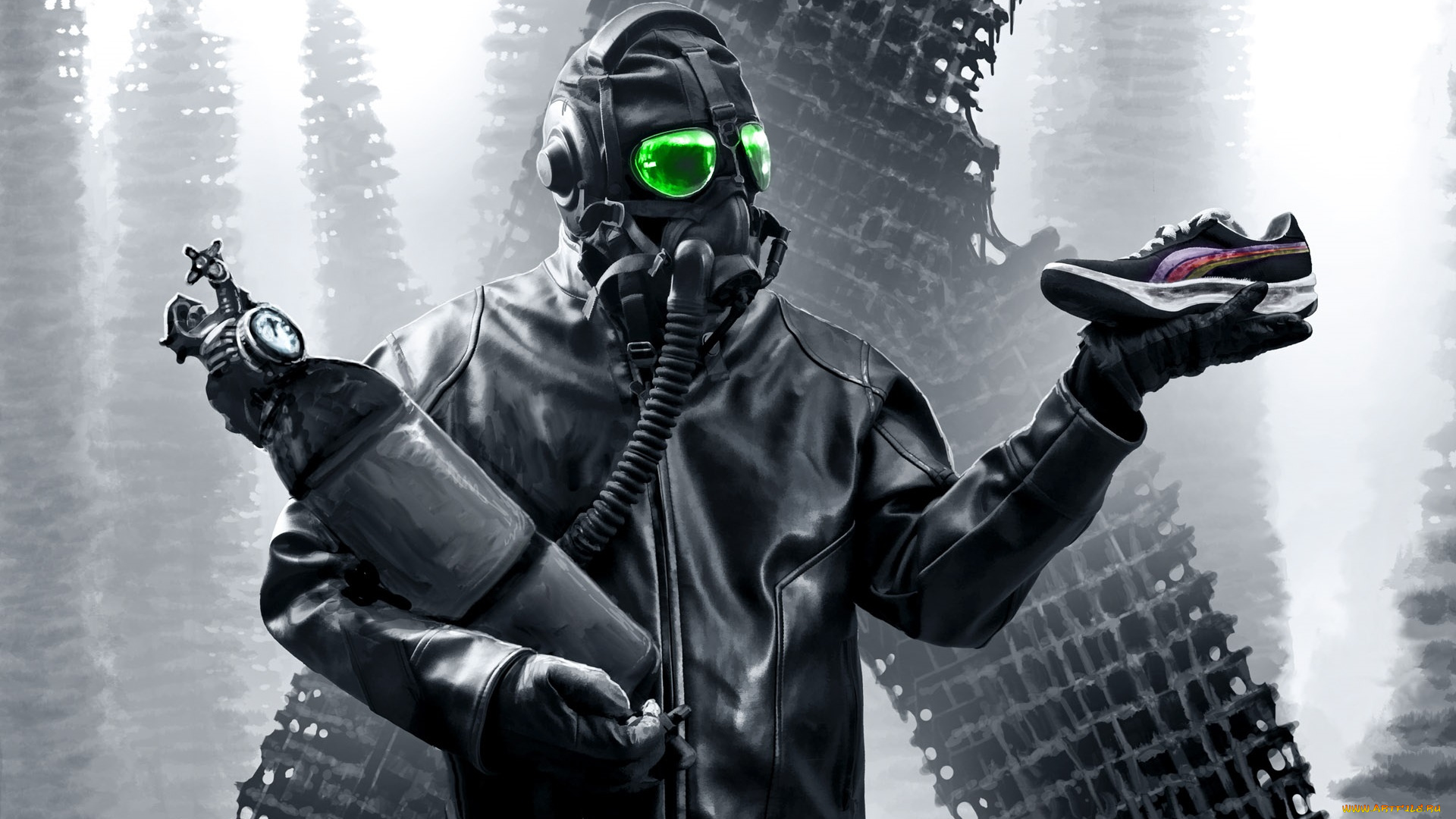 фэнтези, люди, человек, противогаз, зелёные, газовый, куртка, руины, серость, туман