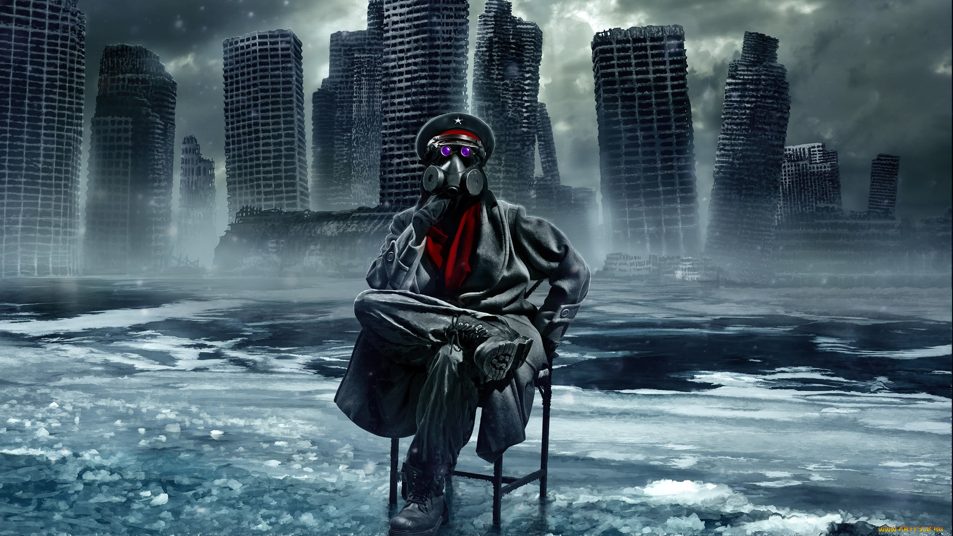 фэнтези, люди, человек, стул, пейзаж, руины, здания, развалины, каркасы, небо, облака, серость, туман, вода, лёд