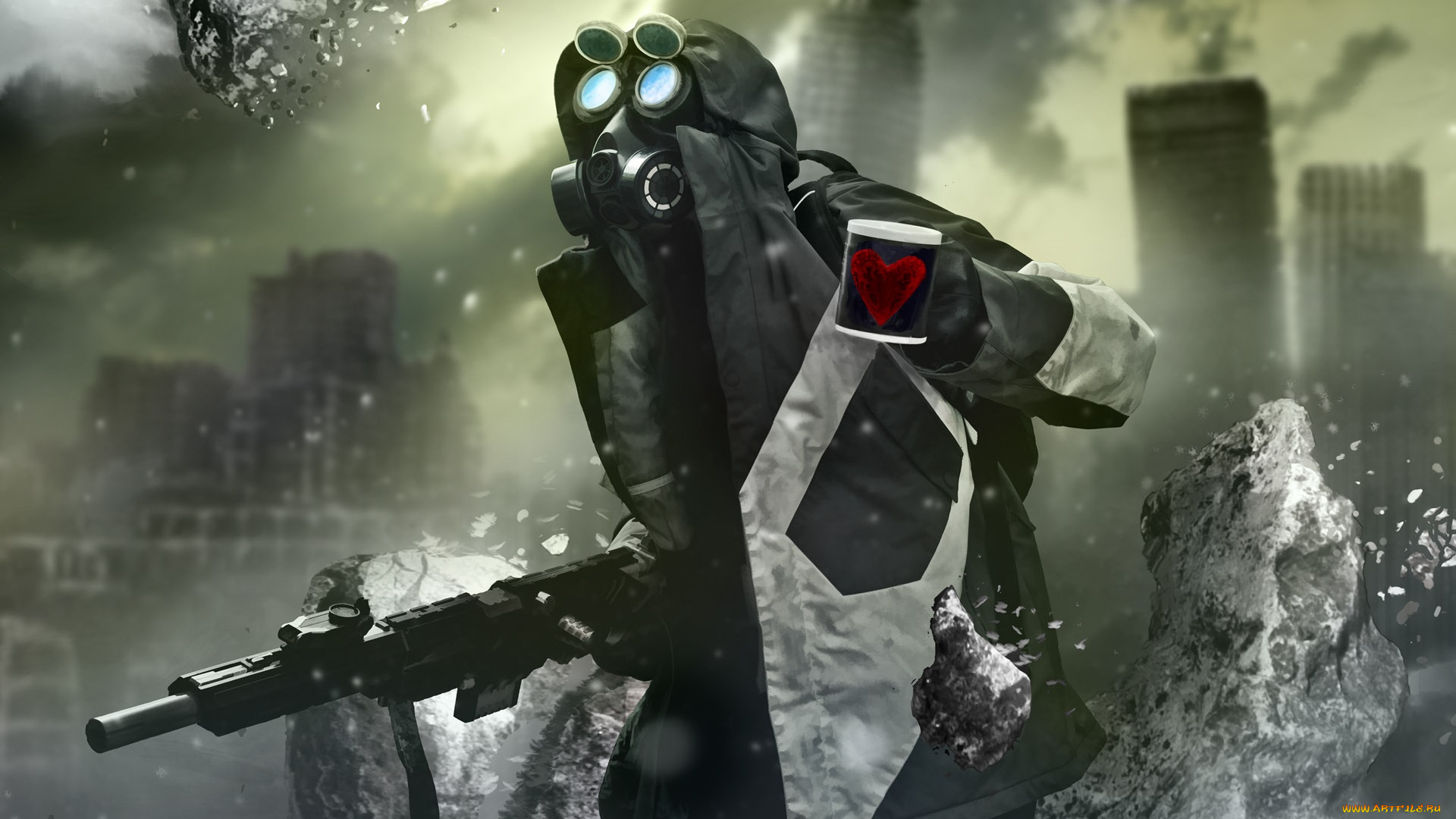 фэнтези, люди, камни, осколки, человек, противогаз, оружие, чашка, сердечко, красное, капюшон, туман, руины