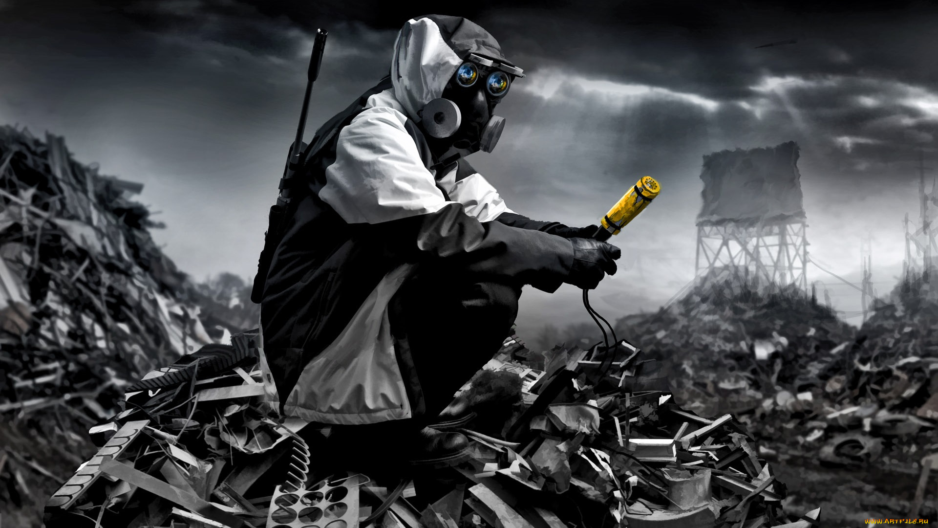 фэнтези, люди, куртка, небо, человек, лучи, противогаз, капюшон, тучи, свалка, обломки