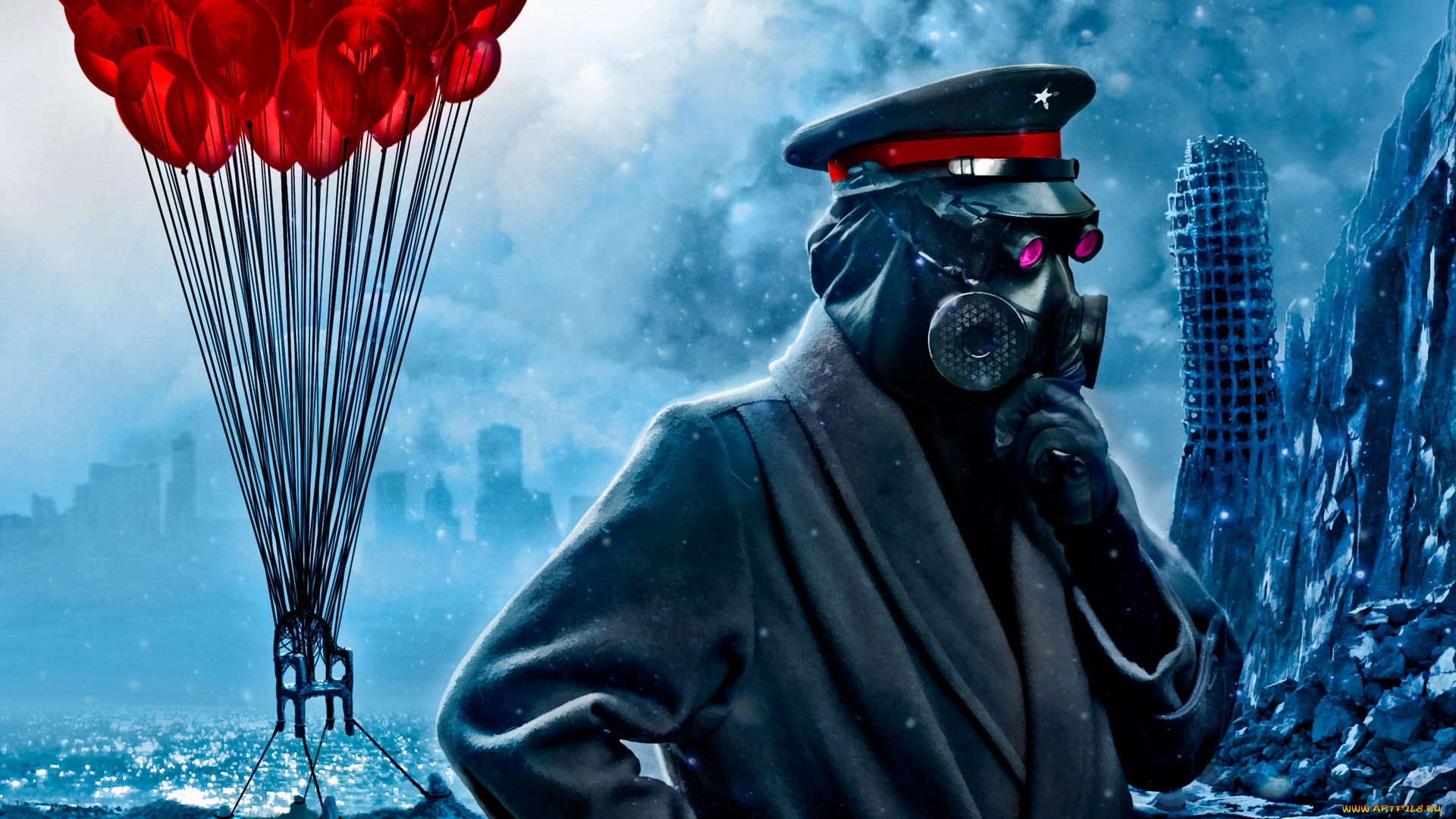 фэнтези, люди, небо, снежинки, вода, руины, противогаз, шарики, красные, человек
