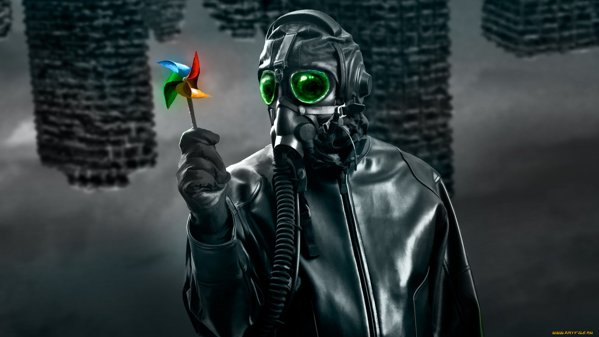 фэнтези, люди, руины, здания, каркасы, зелёные, куртка, перчатки, игрушка, вертушка, противогаз, человек