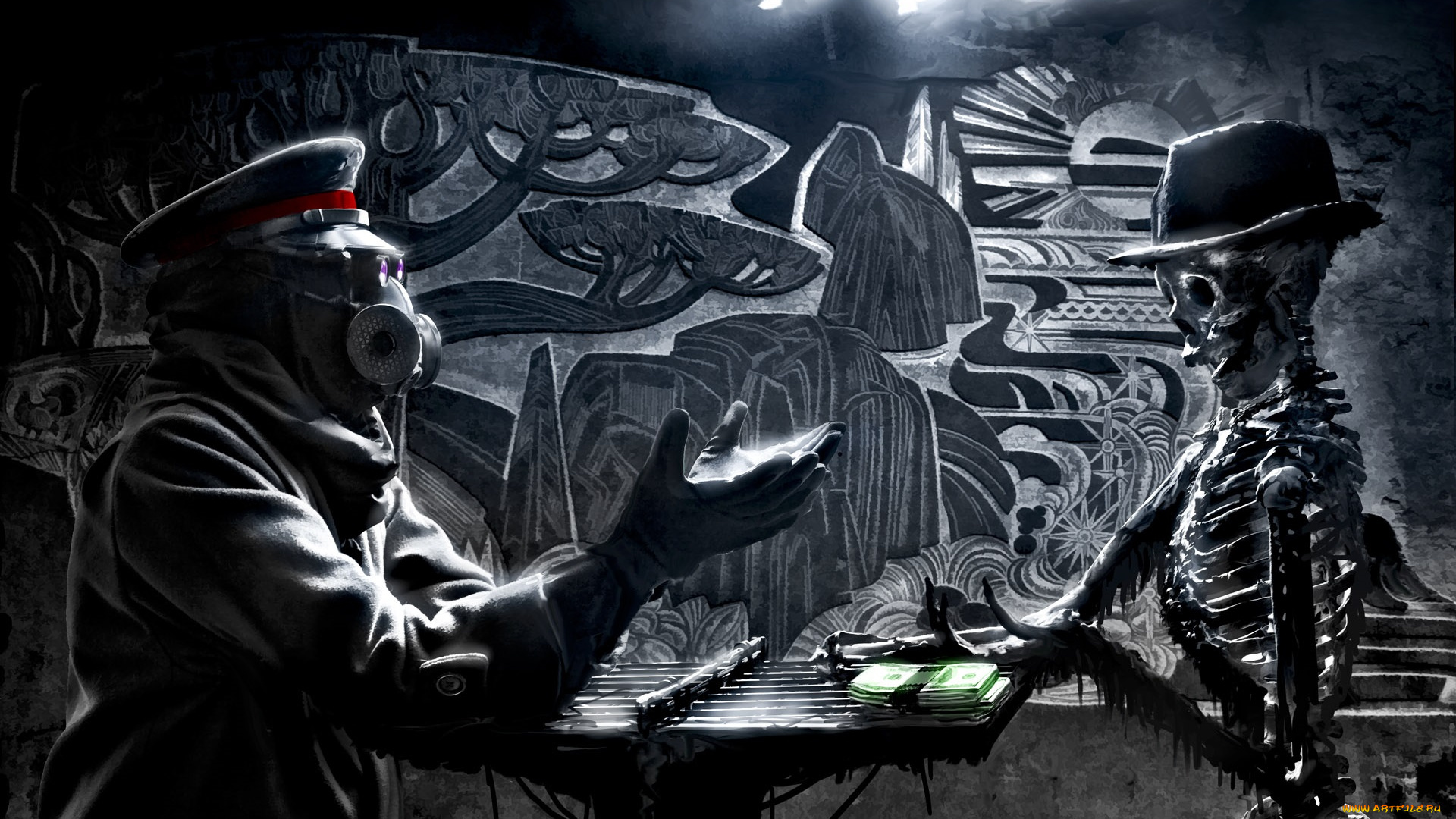 фэнтези, люди, руки, противогаз, деньги, шляпа, скелет, человек