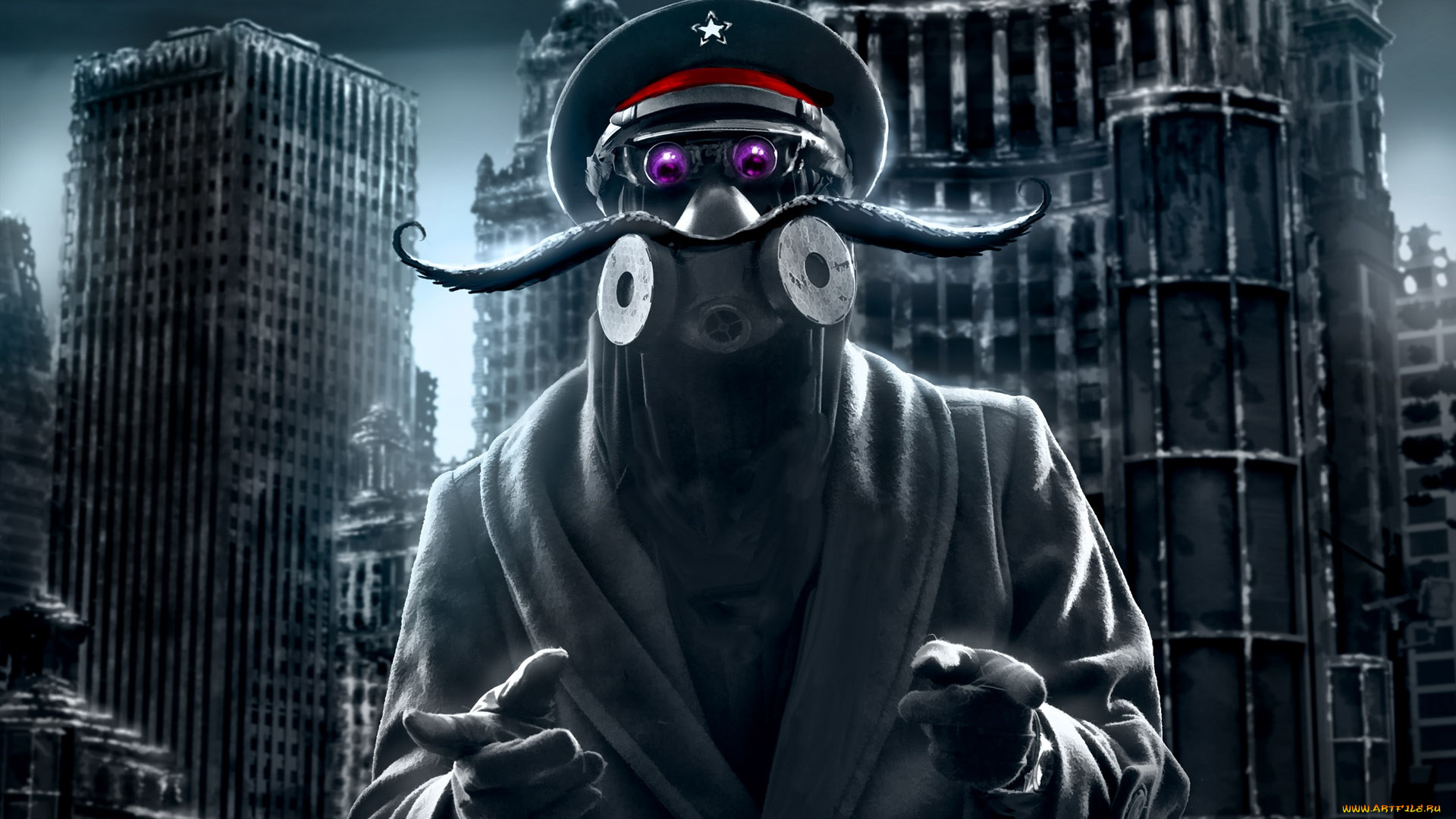 фэнтези, люди, серость, каркасы, усы, руины, здания, звёздочка, человек, противогаз