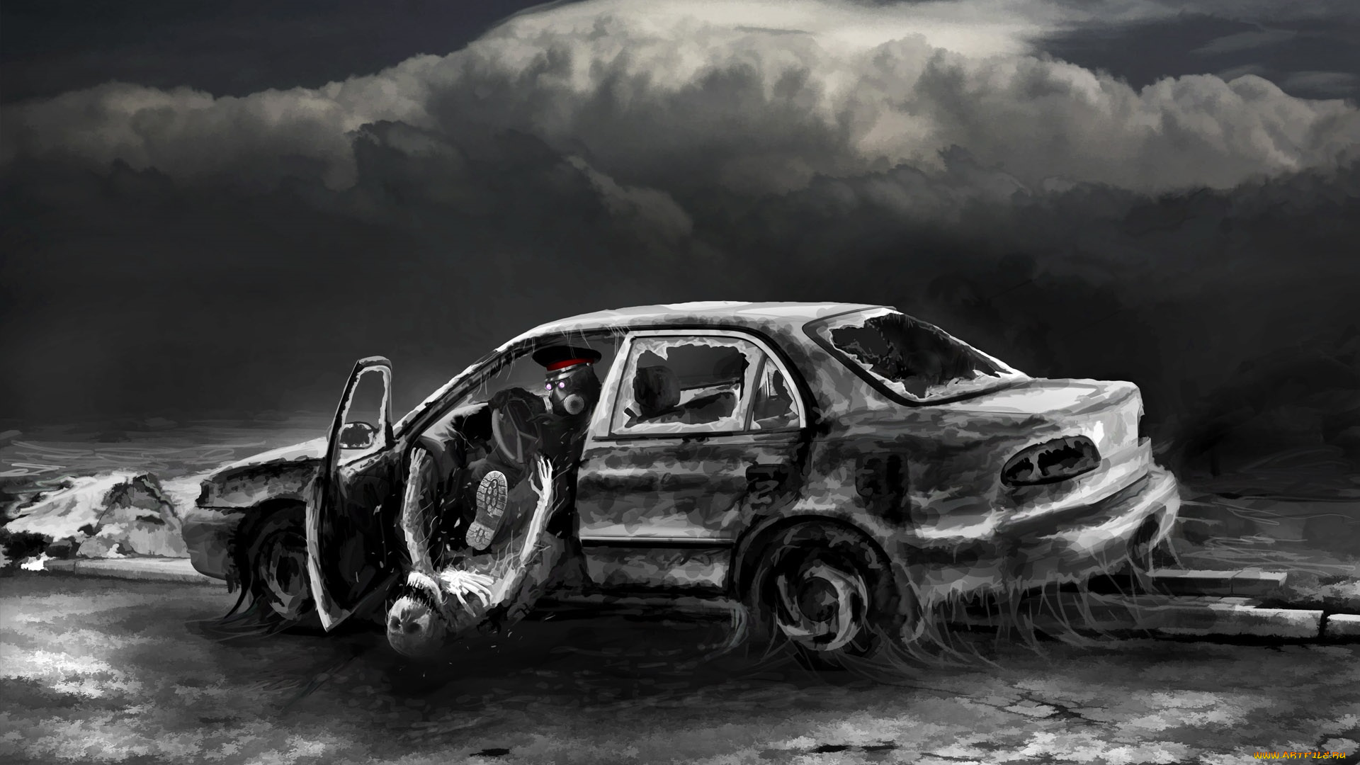 фэнтези, люди, скелет, автомобиль, облака, небо, серость, машина, разбитая, человек