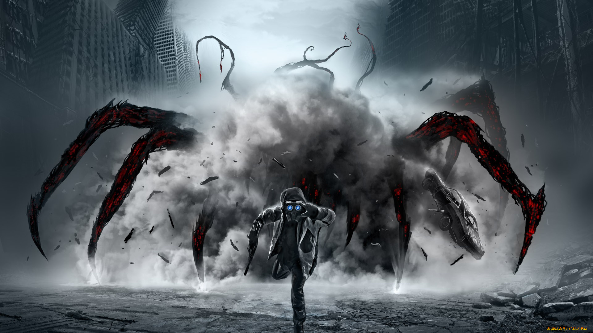 фэнтези, люди, существо, монстр, пыль, человек, оружие, руины, улица, осколки, взрыв